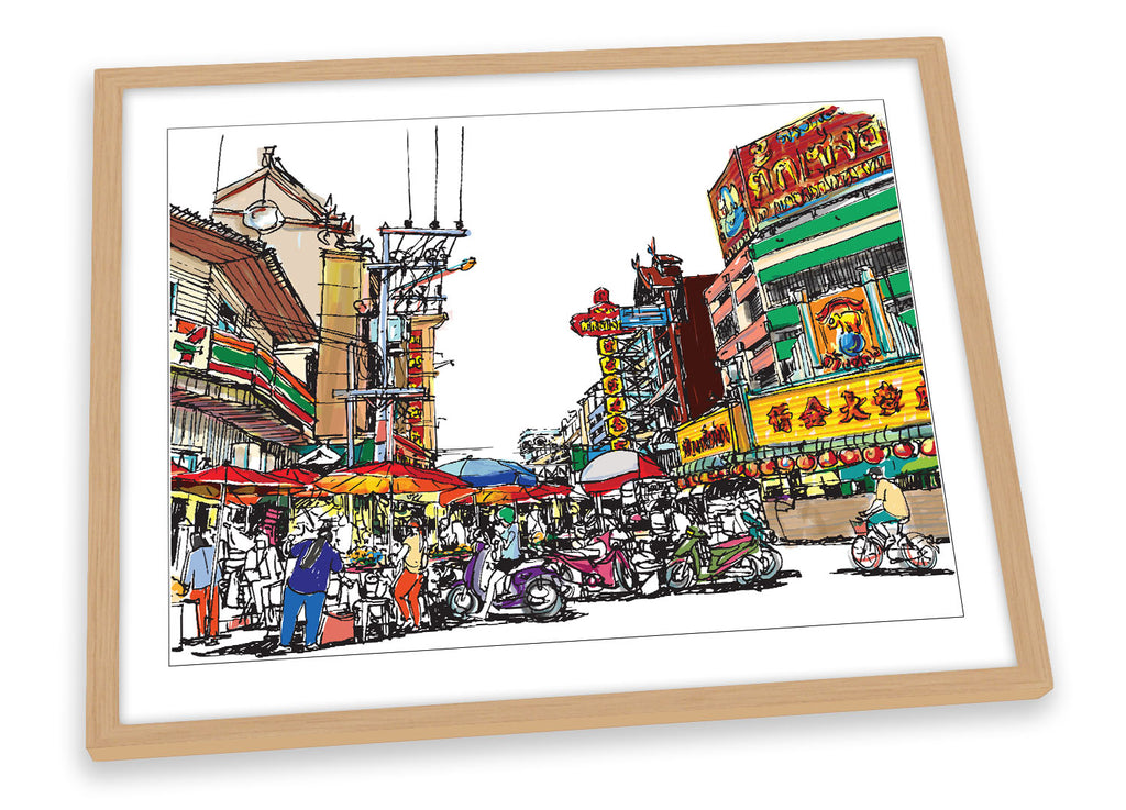 Asian Street Market Sketch Multi-Coloured Framed