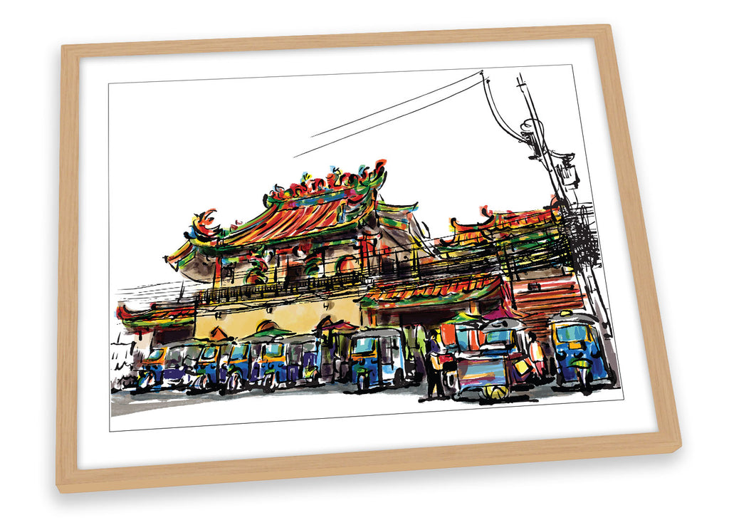 Asian Shrine Sketch Thailand White Framed