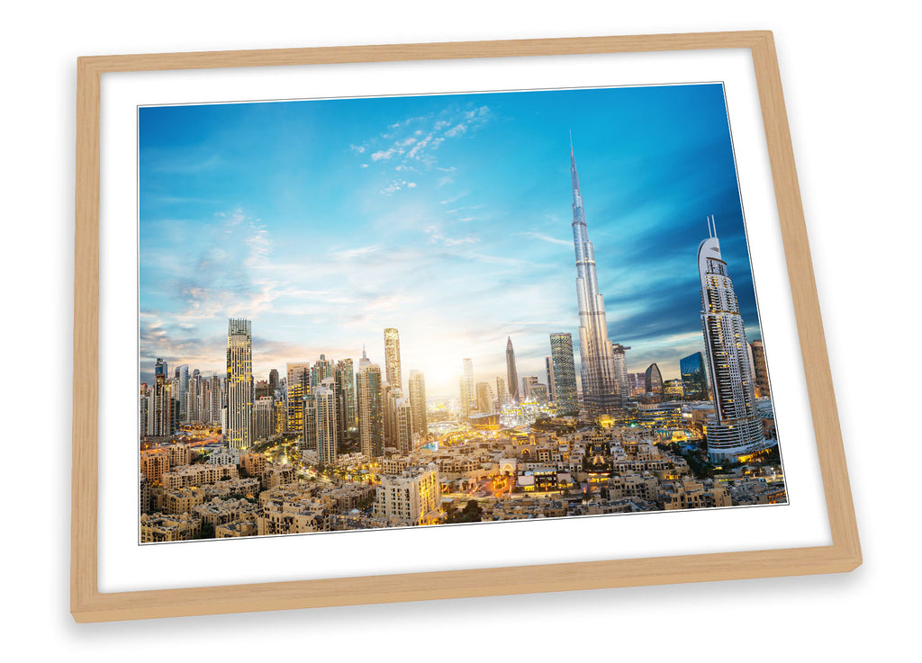 Dubai Sunset City Skyline Blue Framed