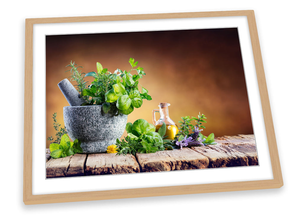 Fresh Herbs Spices Mortar Brown Framed