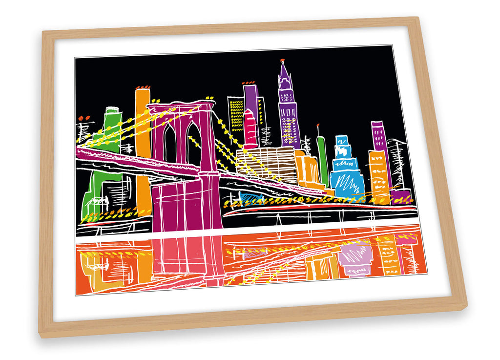 New York City Modern Illustration Multi-Coloured Framed