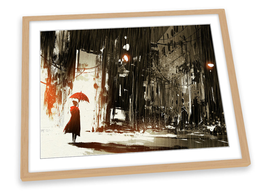 Red Umbrella Rain City Girl Framed