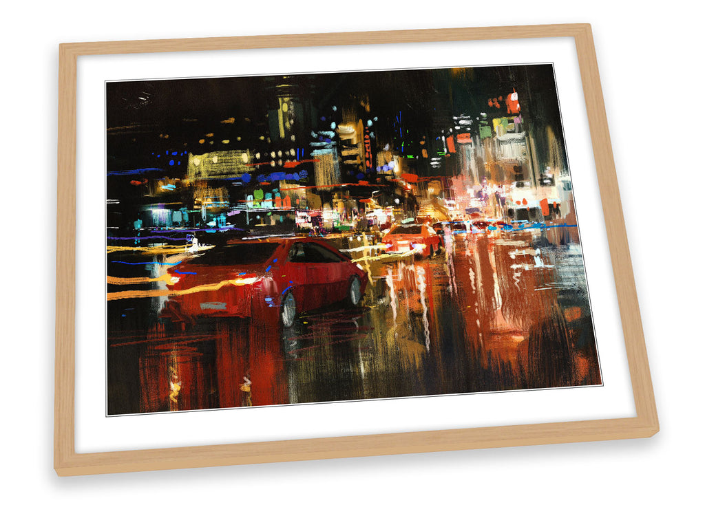 City Street Night Lights Multi-Coloured Framed