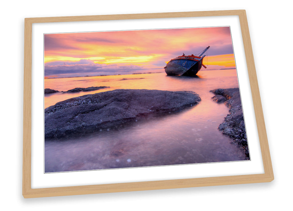 Fishing Boat Seascape Sunset Framed