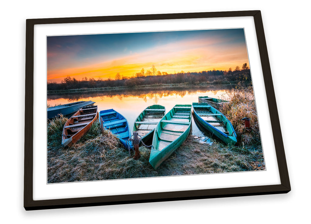 Frosty Lake Boats Sunset Framed