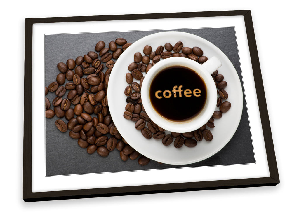 White Coffee Cup Beans Brown Framed