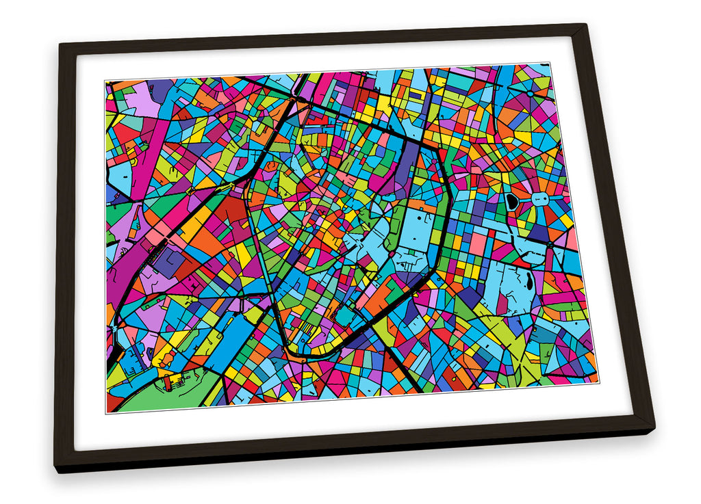 Brussels City Modern Map Multi-Coloured Framed
