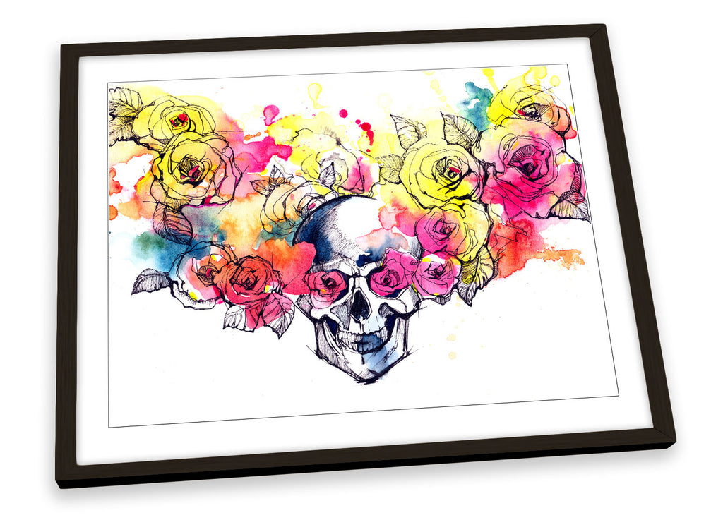 Skull Floral Flowers Multi-Coloured Framed