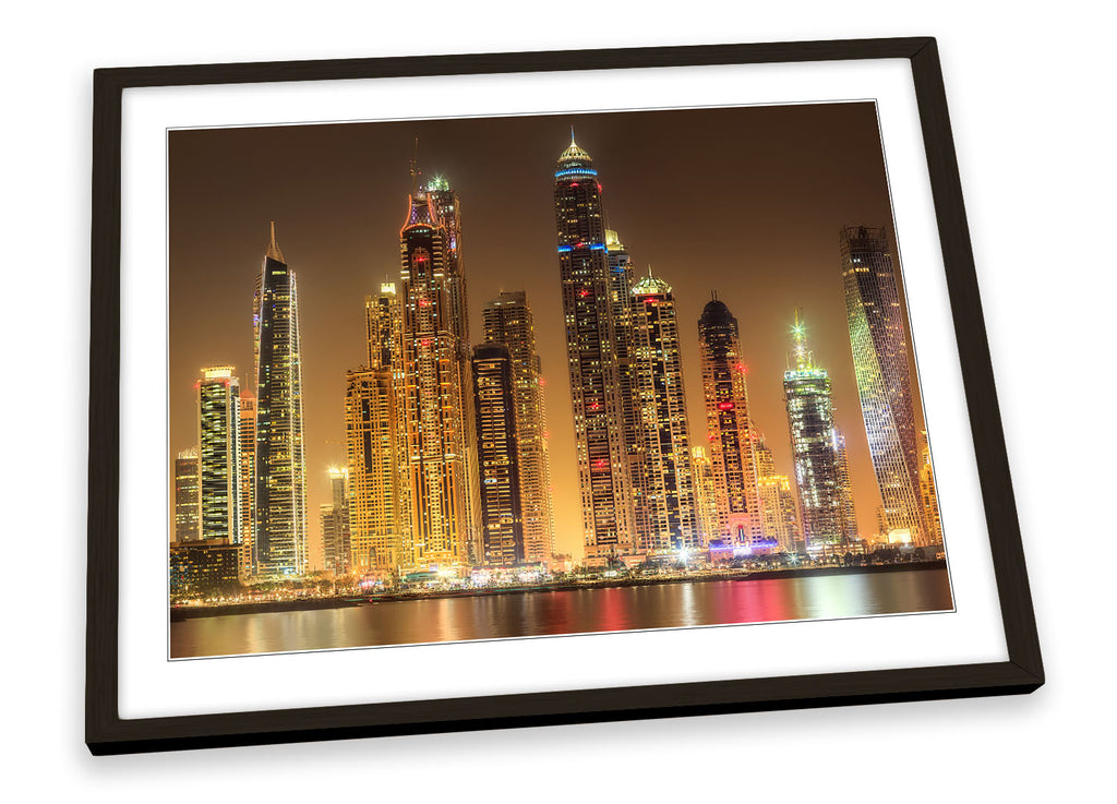 Dubai Skyline Brown Night Framed