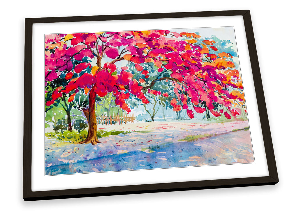 Red Floral Tree Autumn Framed