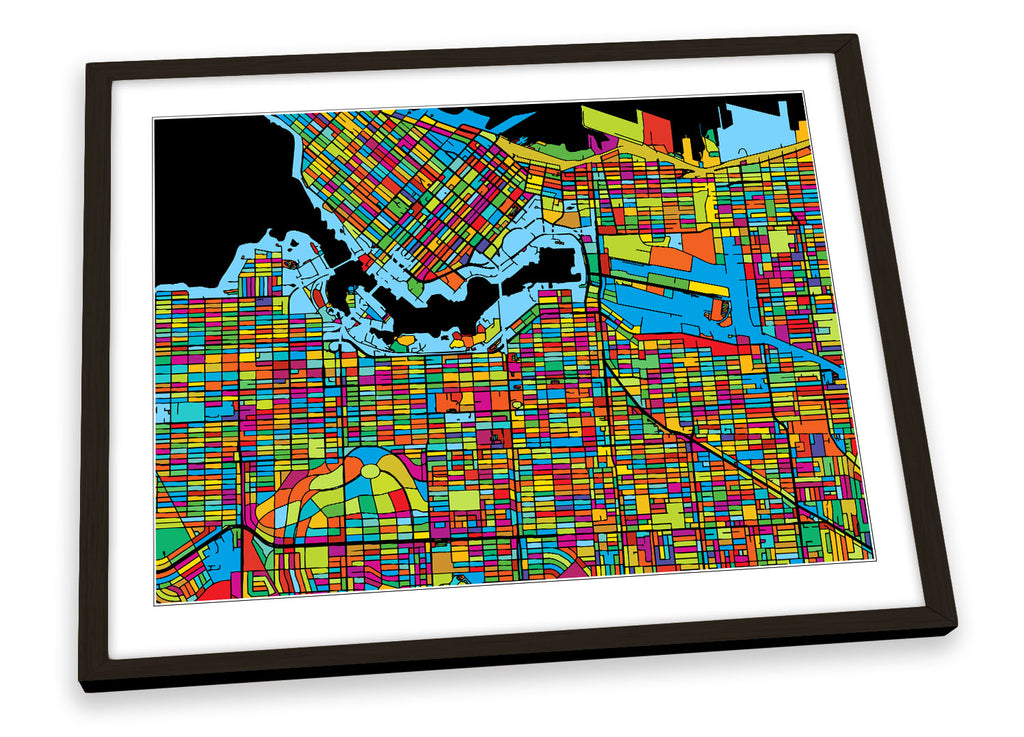 Vancouver City Modern Map Multi-Coloured Framed