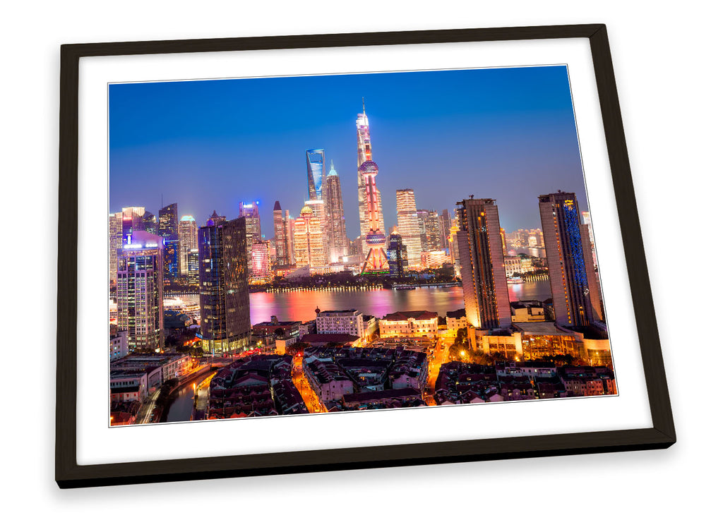 Shanghai City Skyline Blue Framed