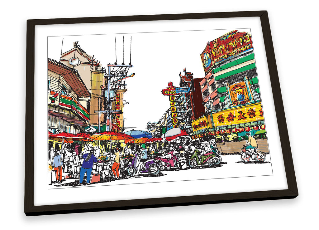 Asian Street Market Sketch Multi-Coloured Framed
