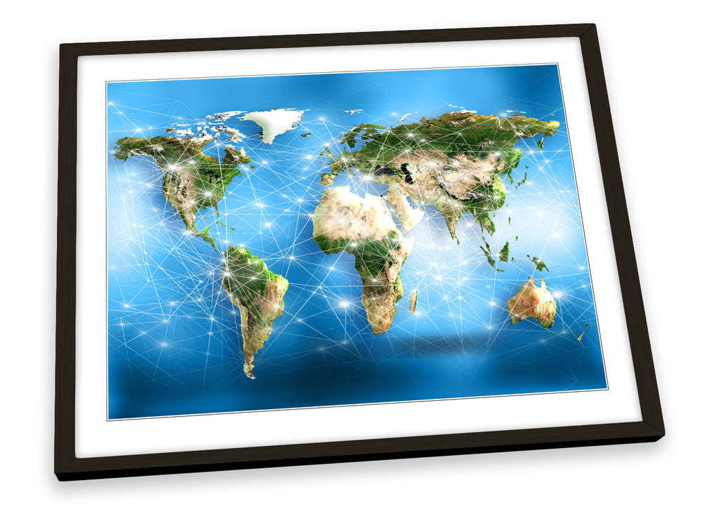 World Map Network Blue Framed