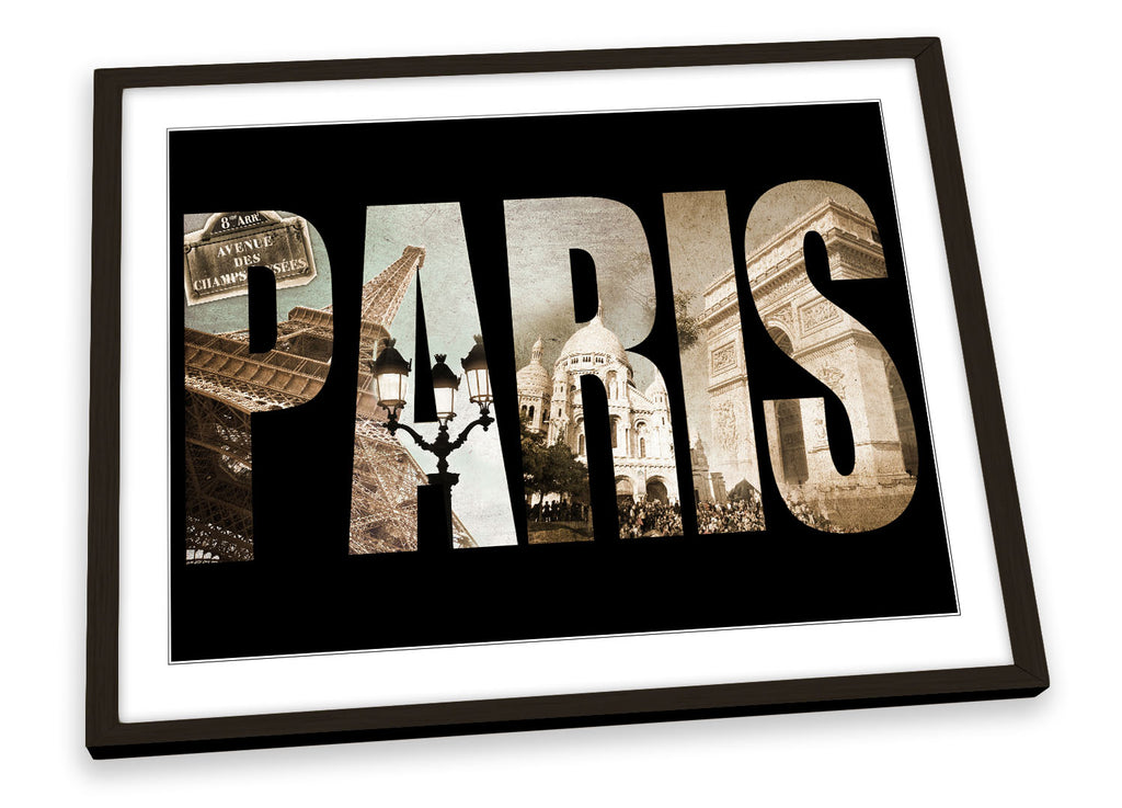 Paris France Typography Black Framed