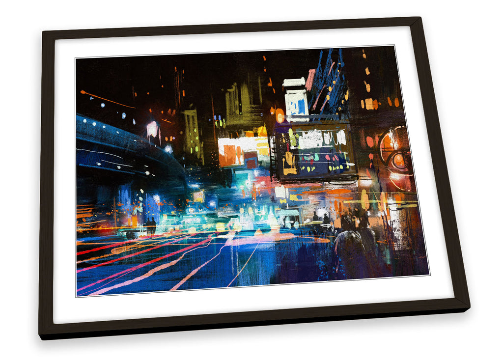 Modern Urban City Life Night Multi-Coloured Framed