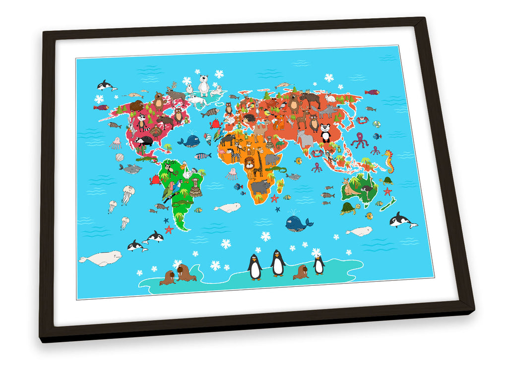 Map of World Animals Blue Framed