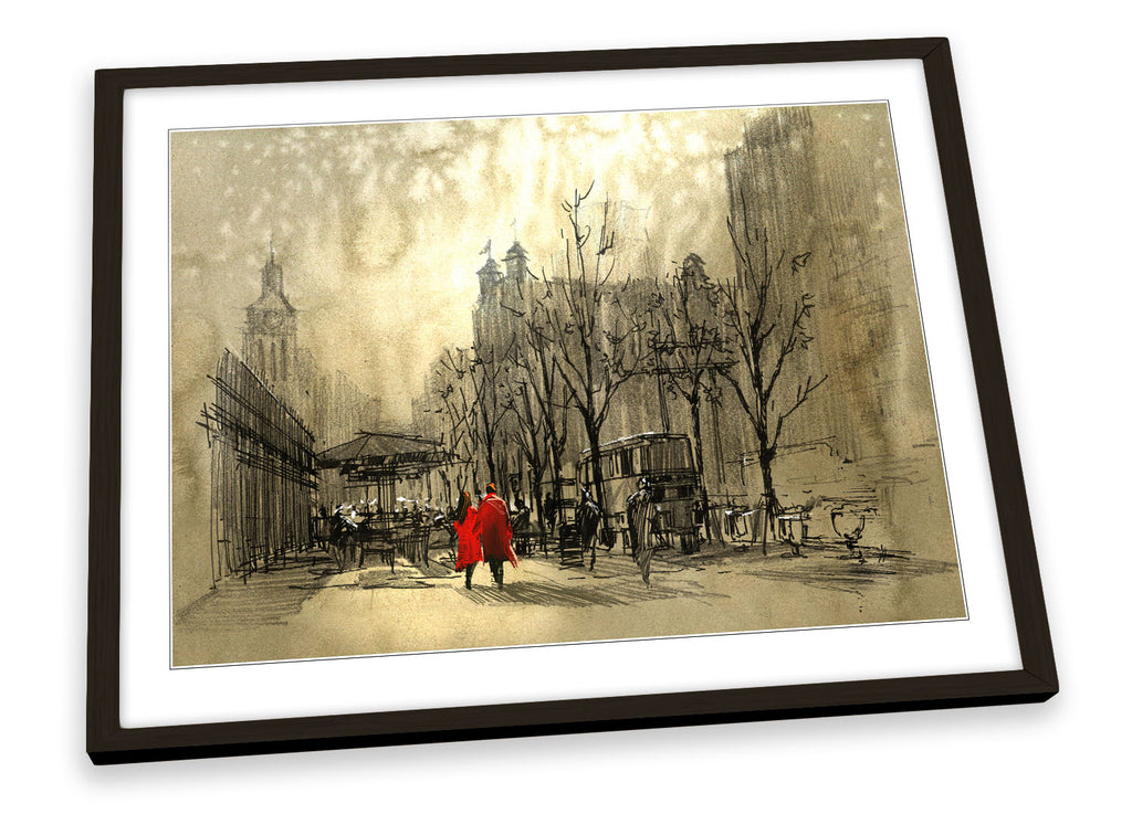 Couple in Red Street City Sketch Brown Framed