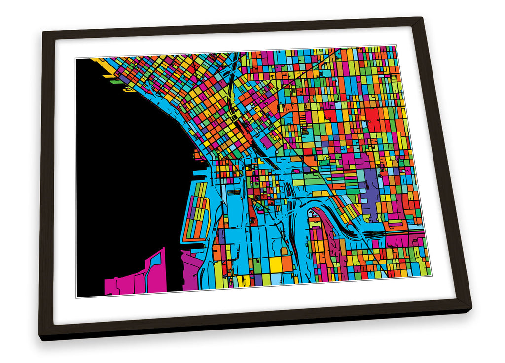 Seattle City Modern Map Multi-Coloured Framed