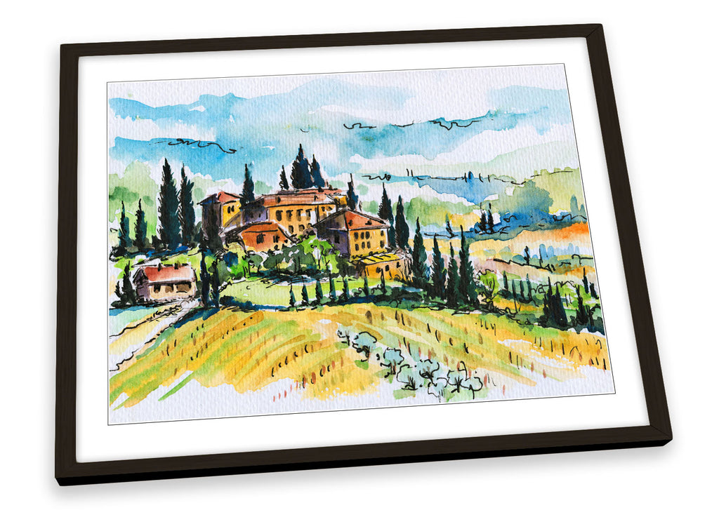 Tuscany Village Watercolour Multi-Coloured Framed