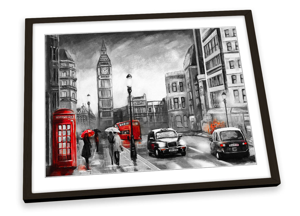 London Red Umbrella Cityscape Grey Framed