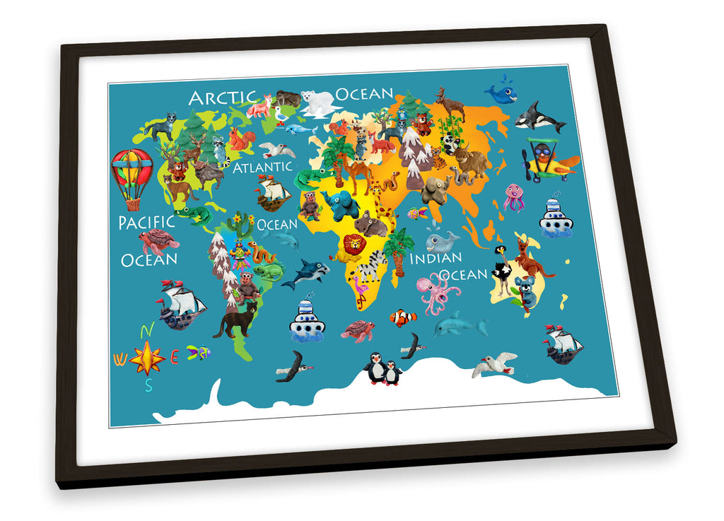 Animals Map World Turquoise Framed