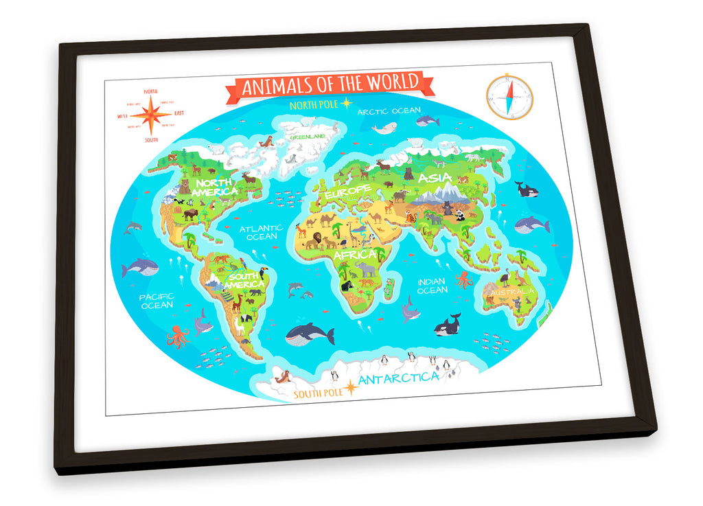 Animals of the World Map Turquoise Framed