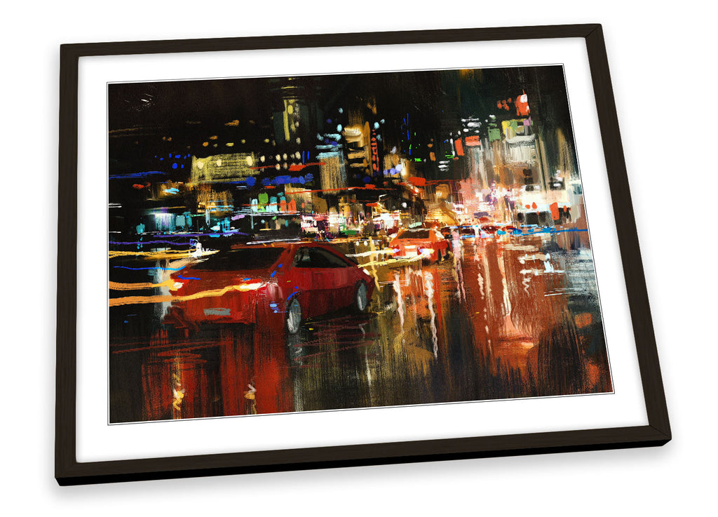 City Street Night Lights Multi-Coloured Framed