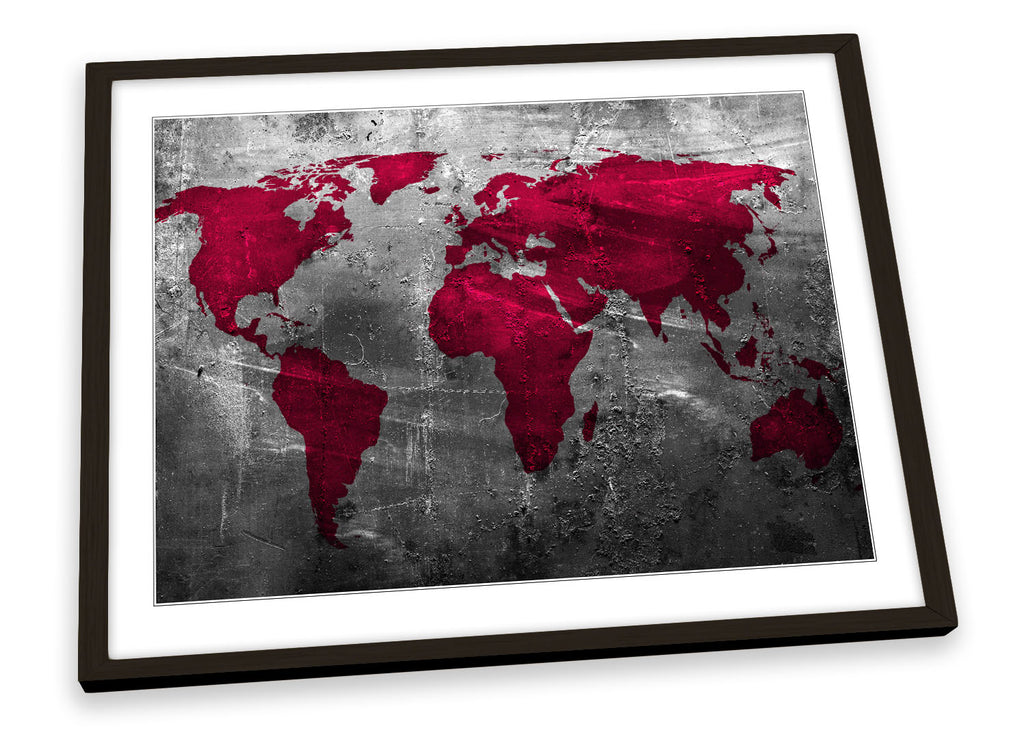 Map of World Grunge Red Framed