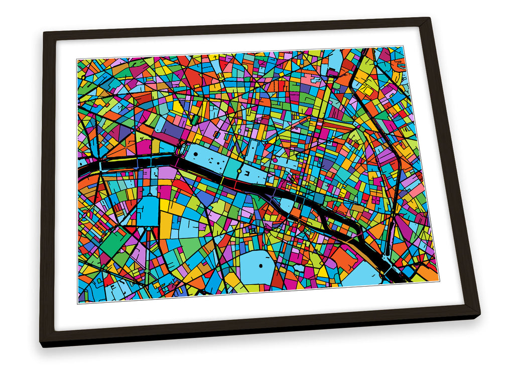 Paris City Modern Map Multi-Coloured Framed