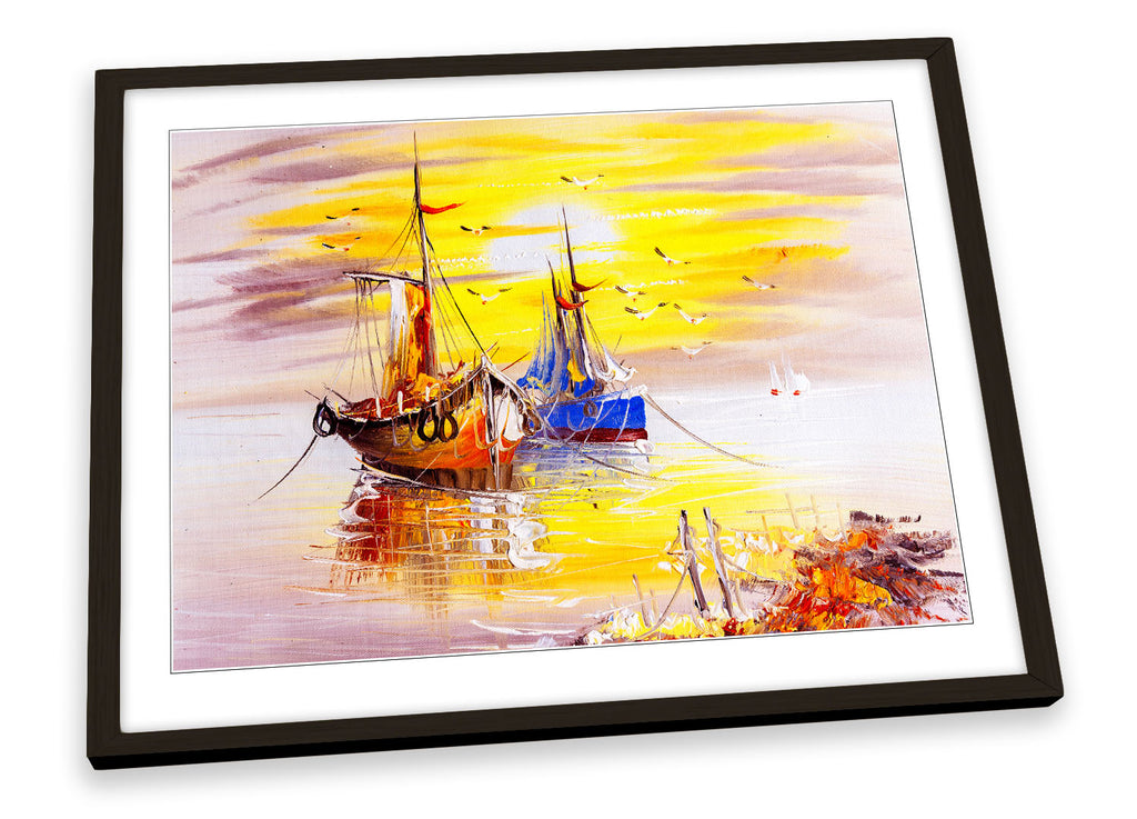 Fishing Boats Yellow Sunset Framed