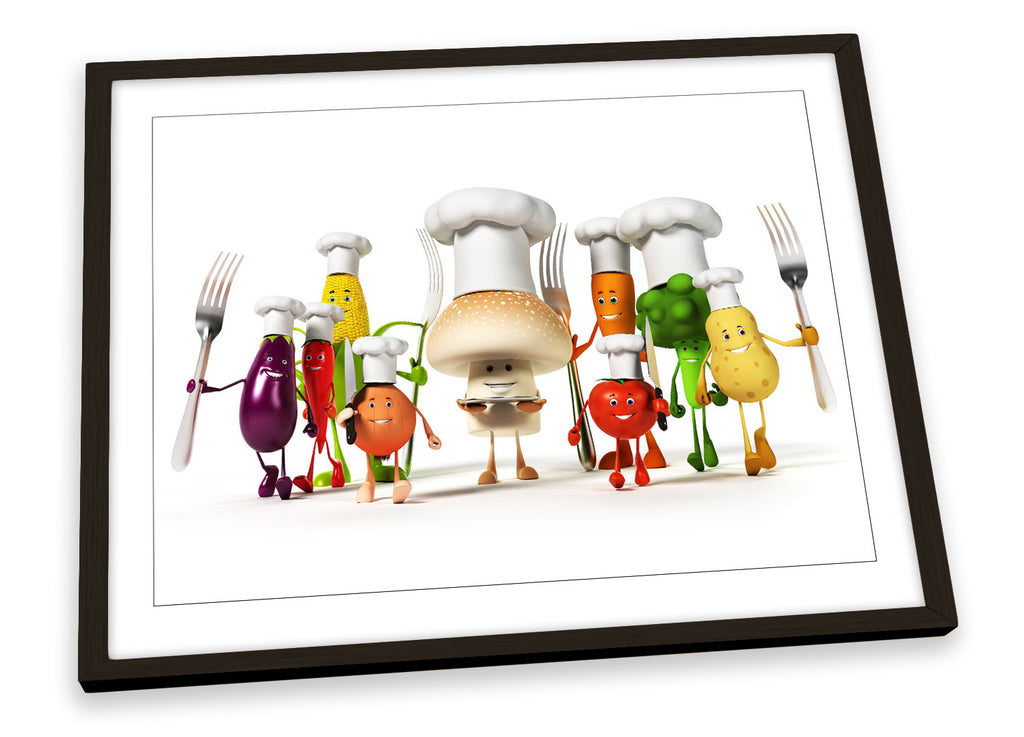 Kitchen Vegetable Characters White Framed