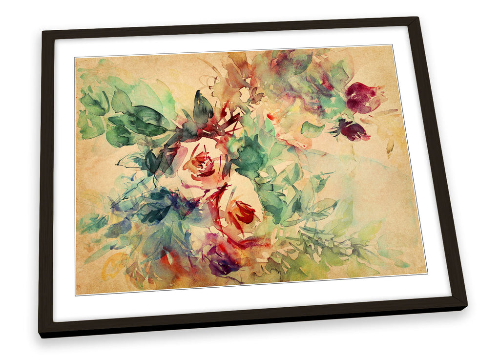 Vintage Rose Floral Flowers Multi-Coloured Framed