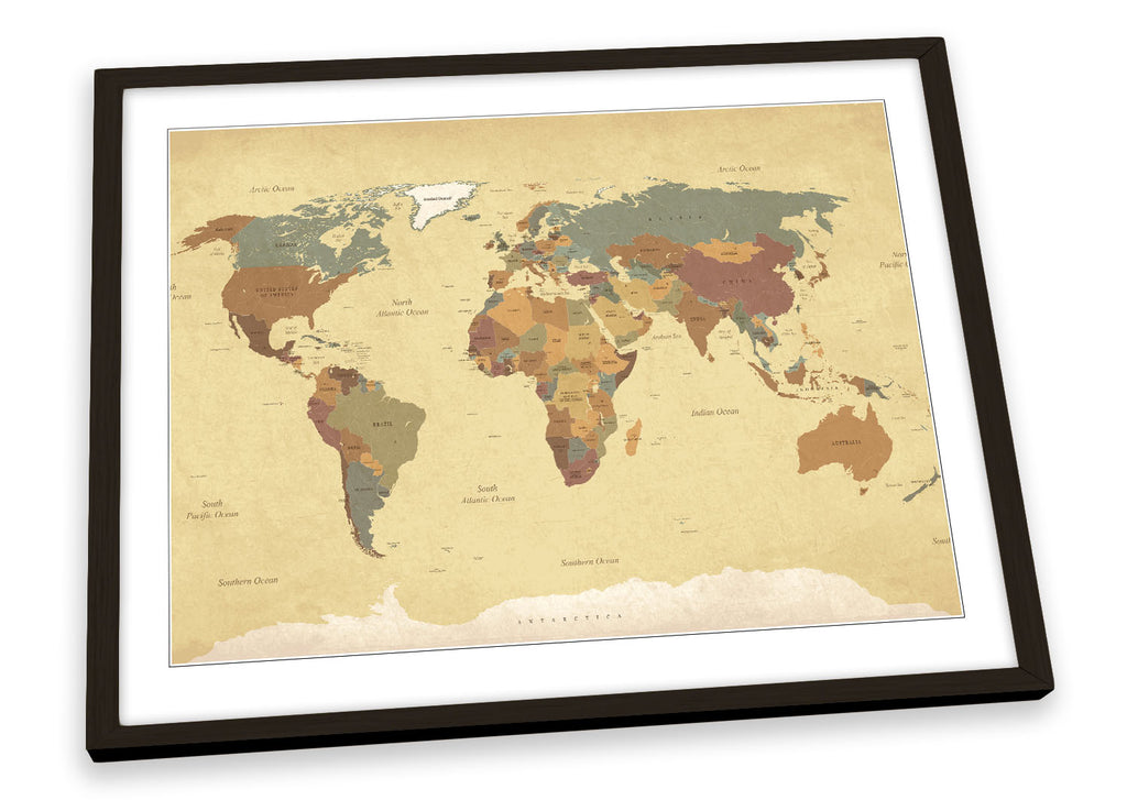 Map of the World Beige Framed