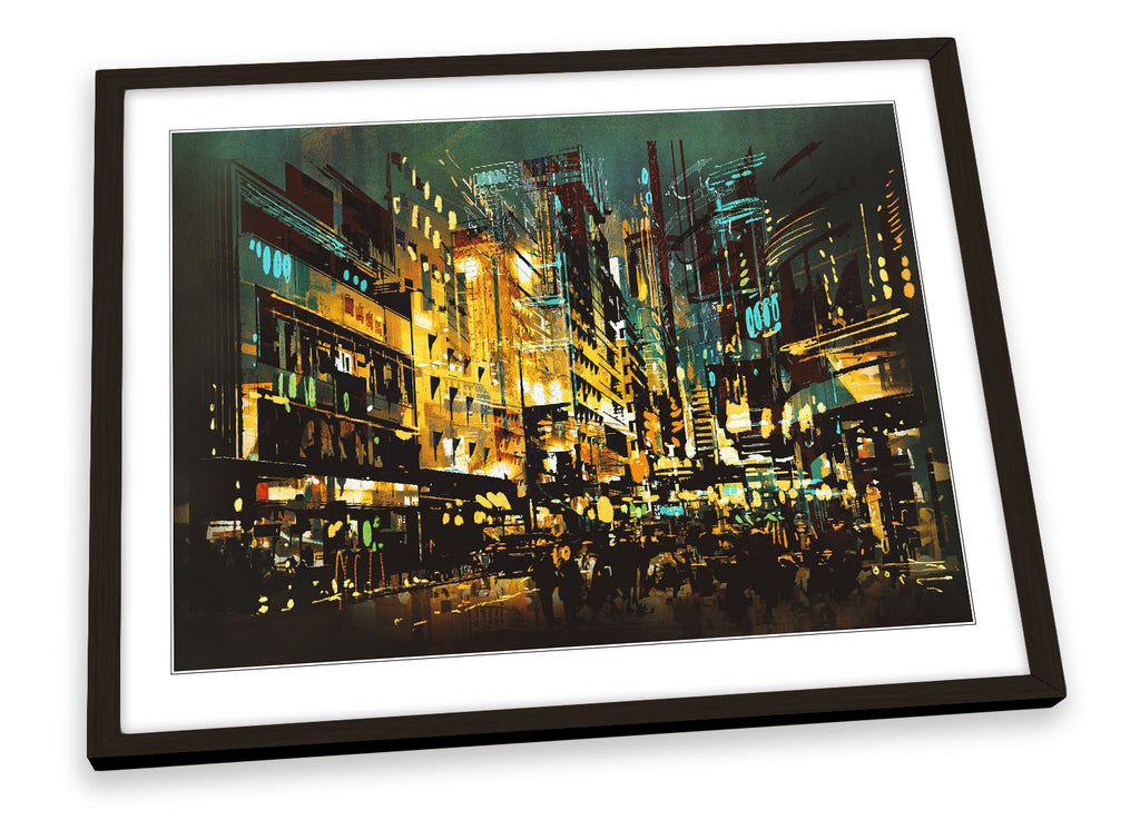 Street Abstract City Life Night Multi-Coloured Framed