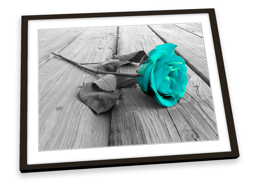 Rose Flower Floral Floorboard Turquoise Framed