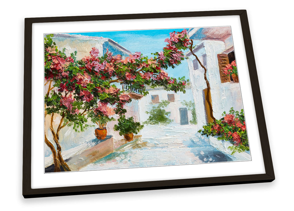 Mediterranean Village Floral Multi-Coloured Framed