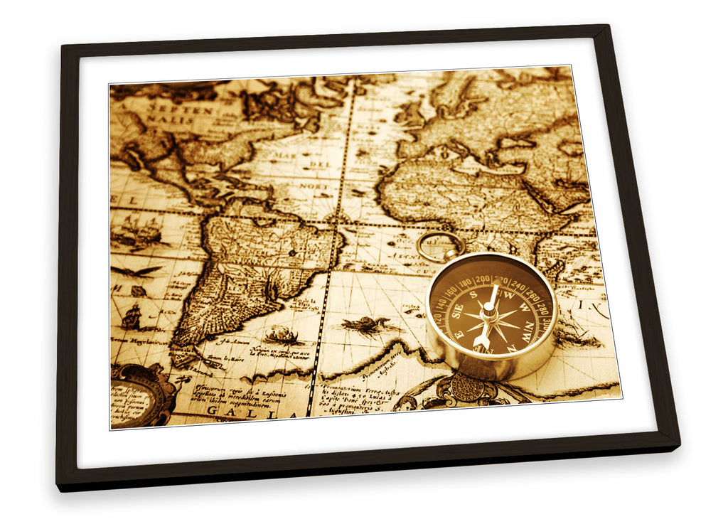 Vintage World Map Compass Framed
