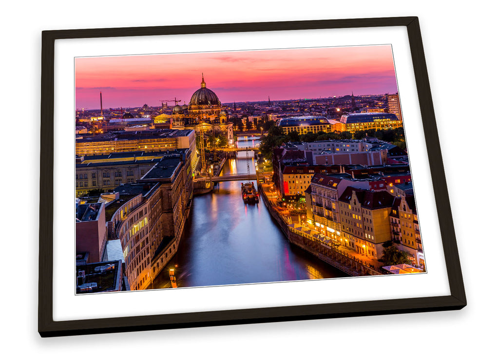 Berlin City Skyline River Pink Framed