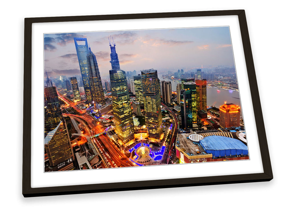 Shanghai Skyscrapers Skyline Multi-Coloured Framed