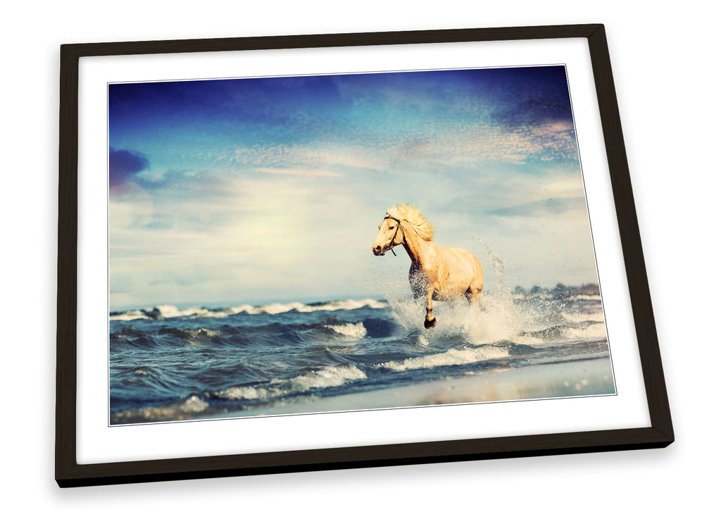 Horse Galloping Beach Multi-Coloured Framed