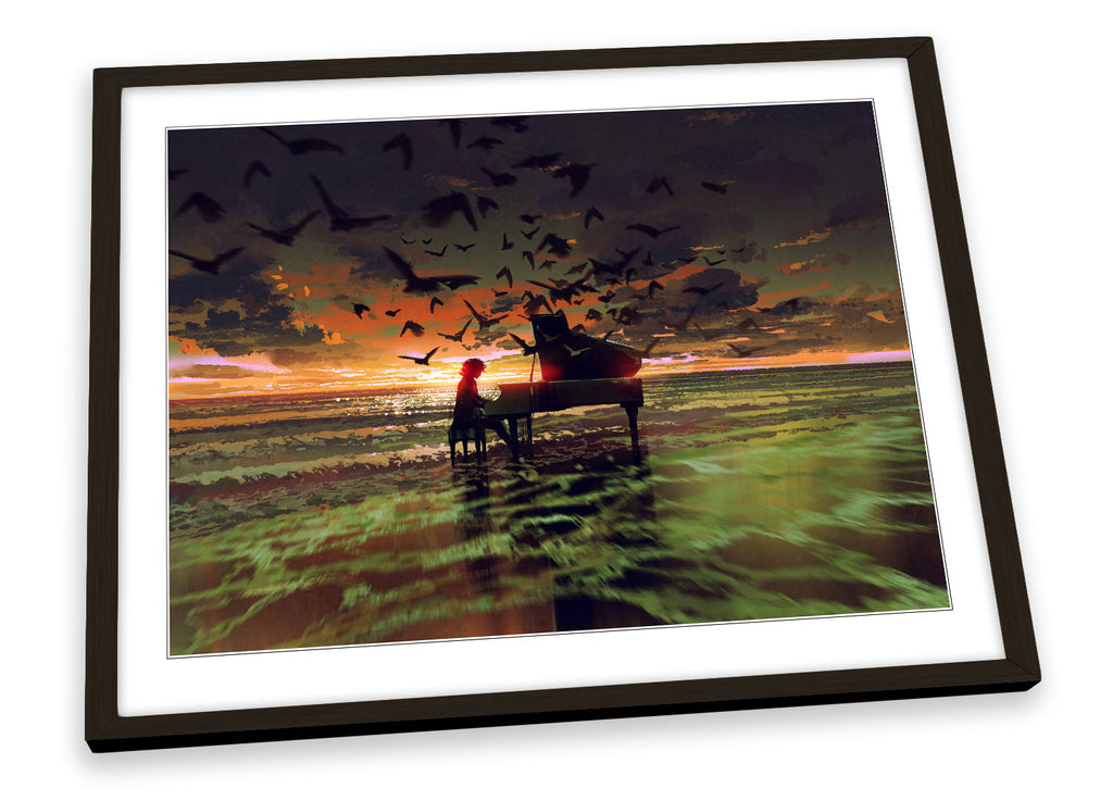Music Piano Birds Sunset Beach Framed