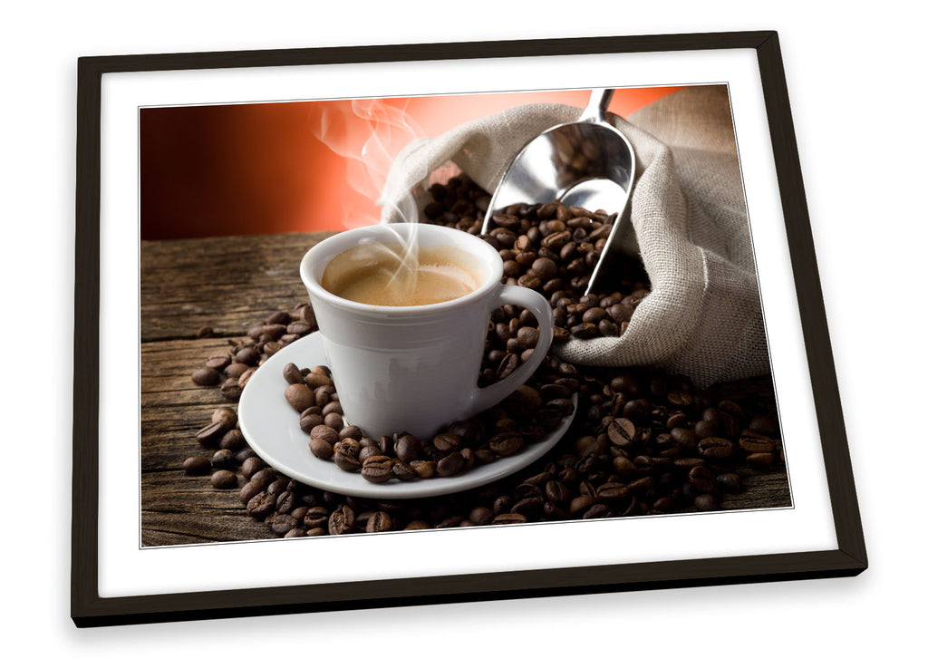 Hot Coffee Cup Beans Kitchen Framed