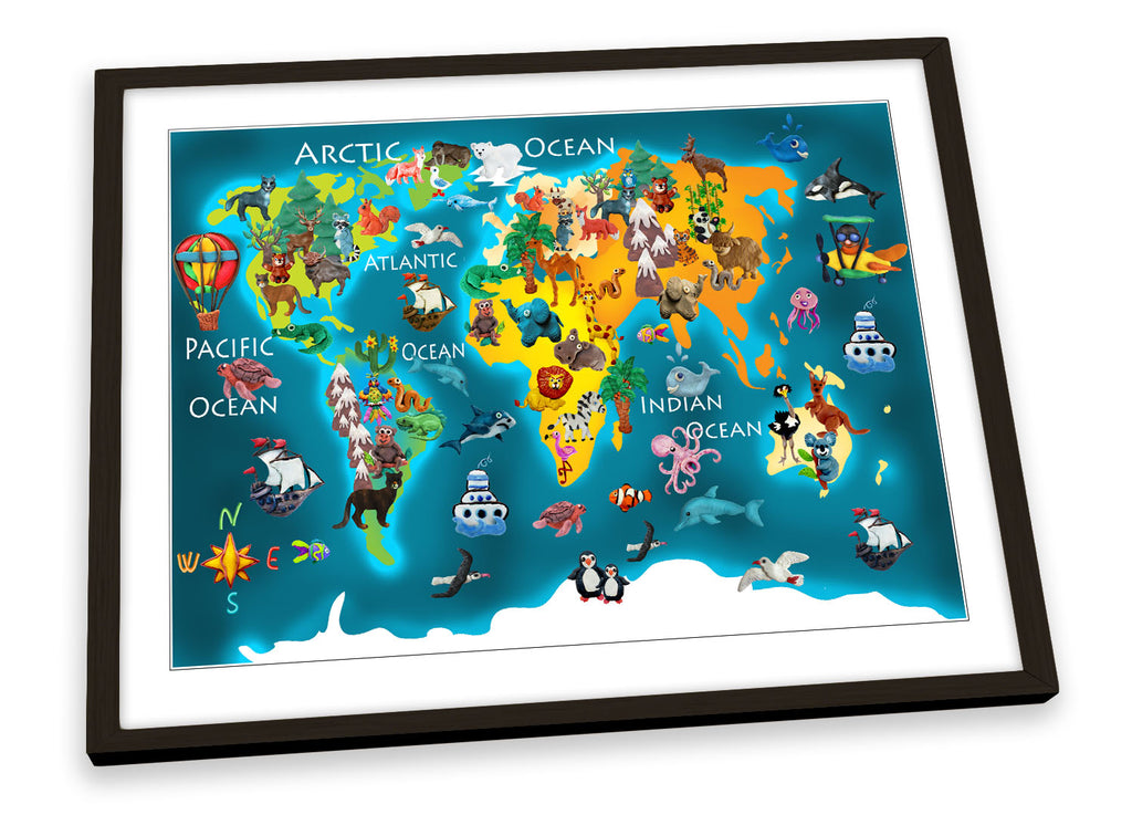 Kids World Map Animals Blue Framed
