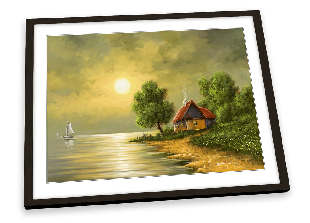 Sunset Boat Landscape Green Framed