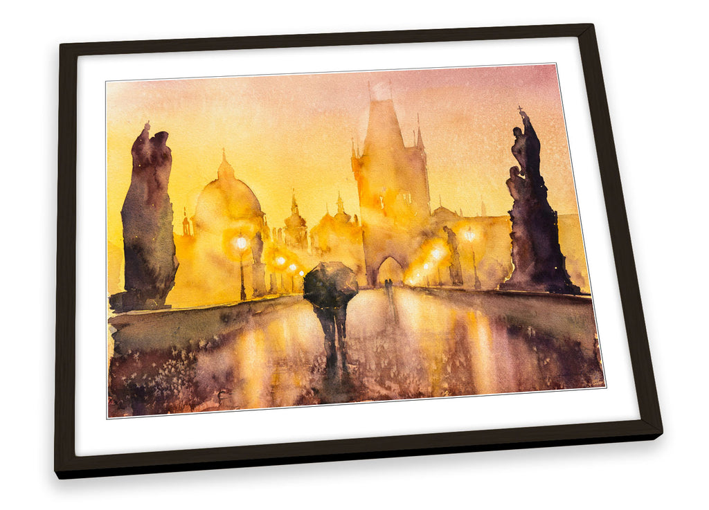 Prague Charles Bridge Painting Orange Framed