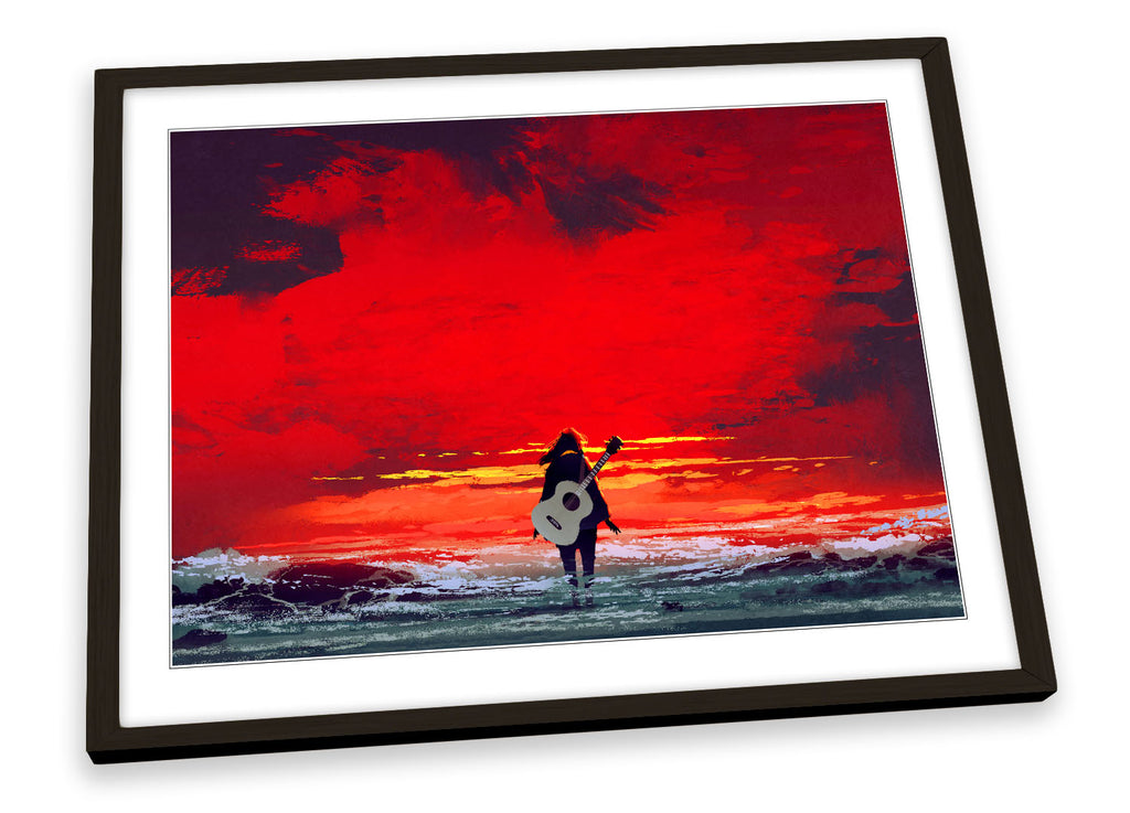 Guitar Sea Sunset Red Framed