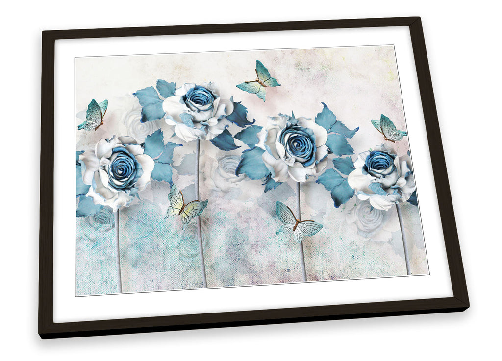 Butterfly Flowers Floral Blue Framed