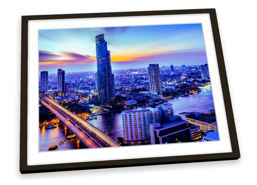 Bangkok City Skyscrapers Blue Framed