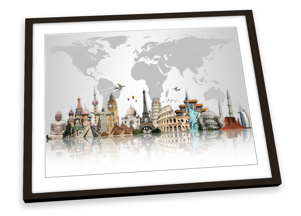 Famous Landmarks World Map Framed